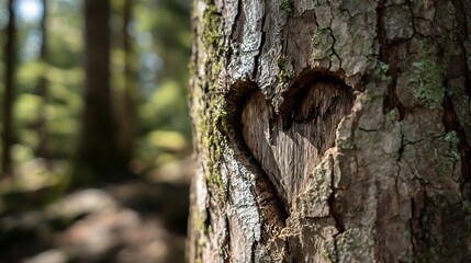 Heart shape carved into tree bark, forest background, natural sunlight