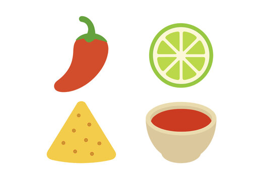 Vibrant red chili pepper, refreshing green lime slice, golden tortilla chip, and a bowl of zesty red salsa