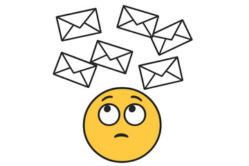 Email overload concept with overwhelmed emoji under falling mail. Metaphor for inbox stress, receiving spam, junk mail, and communication fatigue. Business newsletter advertising.
