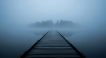 Obraz premium A wooden boardwalk stretches towards a misty island shrouded in heavy fog over a calm lake.