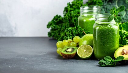 Healthy Green Detox Smoothies with Fresh Ingredients and Fruits