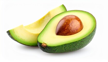 Fresh Ripe Avocado Half with Pit and Slice Isolated