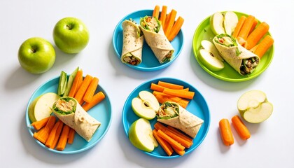 Healthy lunch wraps with carrots and apples on colorful plates