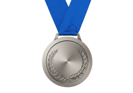 Silver medal with blue ribbon isolated, achievement award for sports competition and winning first place