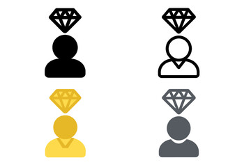 Vector icon set of person with diamond on head symbolizing employee of the month, loyalty rewards, premium membership, VIP status, achievement, recognition, and exclusive subscription in four styles