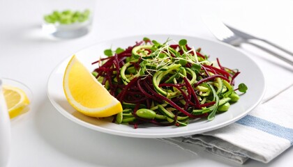 Fresh Zucchini and Beetroot Noodle Salad with Lemon Wedge