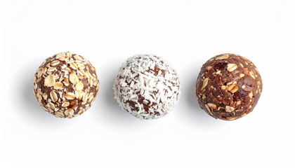Three Healthy Energy Balls with Various Toppings on White Background