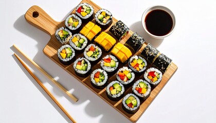 Assorted fresh sushi rolls with vibrant fillings on wooden board