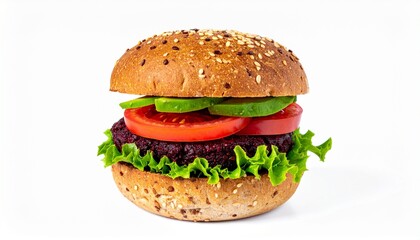 Delicious Vegetarian Burger with Avocado, Tomato, and Beetroot Patty