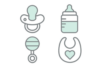 Newborn baby care accessories set featuring pacifier feeding bottle rattle and bib for infant needs and comfort items