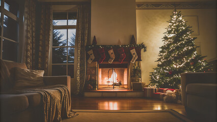 Living room interior with burning fireplace, Christmas stockings, warm glow, decorated tree in corner, cozy winter evening mood, wide shot with space for text overlay, photorealistic, high detail.