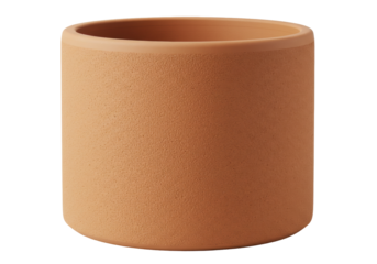 Terracotta cylinder flower pot isolated, rustic planter for indoor plants and outdoor gardening on a clean background