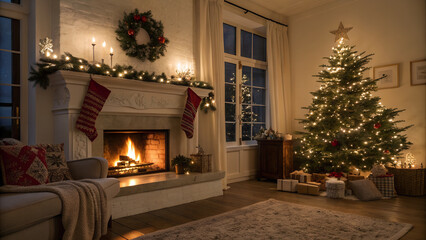Living room interior with burning fireplace, Christmas stockings, warm glow, decorated tree in corner, cozy winter evening mood, wide shot with space for text overlay, photorealistic, high detail.