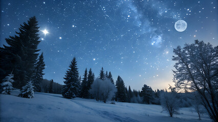 Clear winter night sky full of stars, snow-covered trees in silhouette, peaceful and magical atmosphere, wide view with space for text, photorealistic, dreamy winter mood.