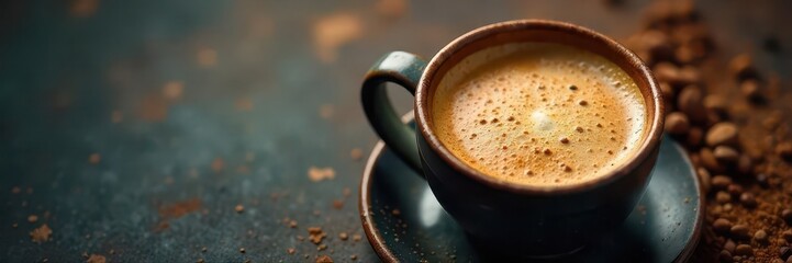 Warm beverage in a ceramic mug, overhead shot , energy, coffee