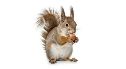 Cute Brown Squirrel Holding Nut Standing on White Background