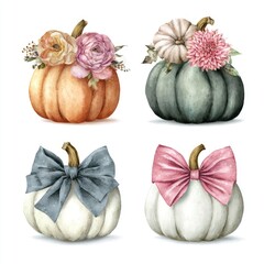Autumn Pumpkins Decorated with Flowers, Bows; Watercolor Illustration For Fall Designs