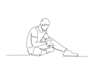 Continuous line art drawing of young man with knee pain. Man struggle with leg injury or trauma in single line art drawing vector illustration. Editable stroke.