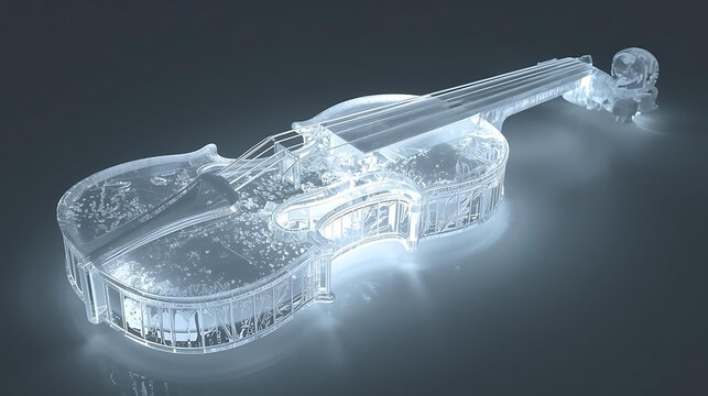 A stunningly rendered 3D illustration of a violin sculpted entirely from clear ice, with a subtle blue glow emanating from within.
