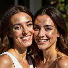 Two friends wearing glitter makeup and smiling outdoors in sunlight  