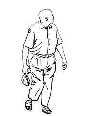 Minimalist black and white vector of a bald man walking, drawing in clean lines with casual posture and relaxed vibe
