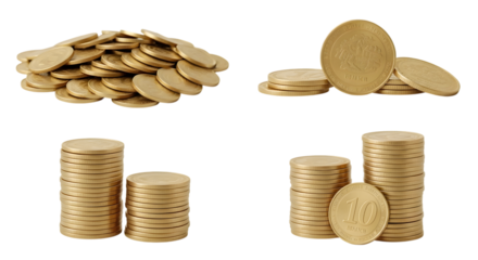 Stacks of gold coins and flat discs representing wealth and currency