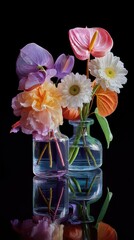 Floral Arrangement Still Life of Flowers in Vases, Dark Background, Decor Use