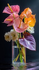 Anthurium flowers in a vase; black background; possible floral arrangement use