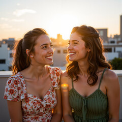 Two women smiling at sunset while sitting on rooftop with city background  