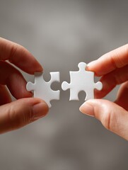 Hands connect white puzzle pieces on neutral backdrop, teamwork concept use