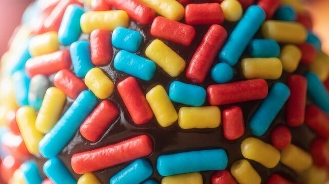 Close up of a chocolate ball covered in colorful candy sprinkles food