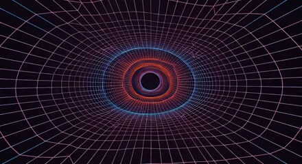 Dive into a vibrant neon digital tunnel, a futuristic cyberspace journey with glowing grid lines