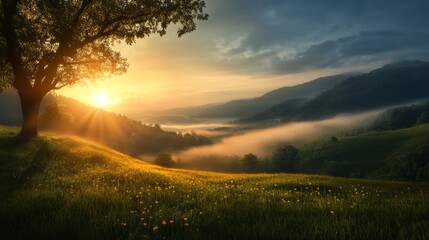 Breathtaking sunrise over serene hills nature landscape photography tranquil environment with lush greenery peaceful viewpoint of dawn