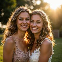 Two young women posing together in a sunny outdoor setting  