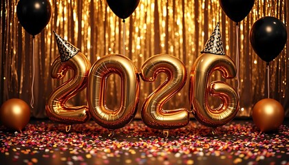 Gold and Black New Year 2026 Balloons with Party Hats and Confetti – Premium Celebration Background