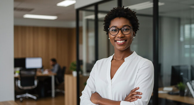 Confident professional smiling in modern office with arms crossed, ready for success and leadership, a positive image for business and empowerment