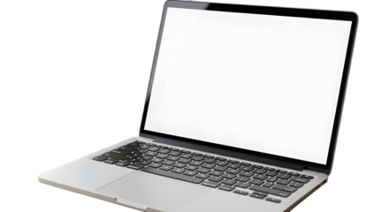 Open modern laptop computer with blank white screen and keyboard ready for use
