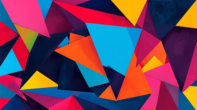 A vibrant abstract composition featuring a dynamic arrangement of colorful geometric shapes and sharp angles.