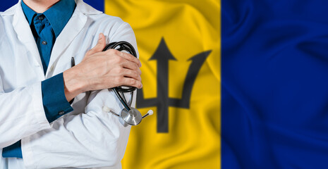 Barbados healthcare concept. Doctor with stethoscope on Barbados flag. Doctor holding stethoscope...