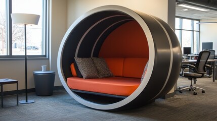 Modern circular privacy pod in a contemporary office setting.