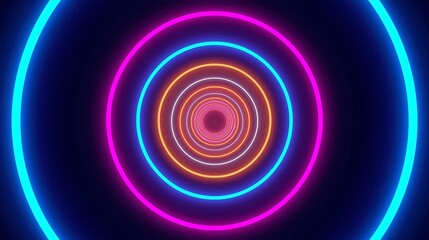 A mesmerizing tunnel of concentric neon circles in vibrant shades of blue, pink, and orange against a dark background.