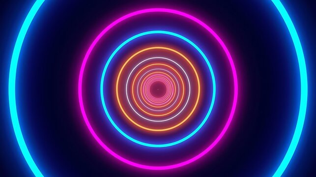 A mesmerizing tunnel of concentric neon circles in vibrant shades of blue, pink, and orange against a dark background.