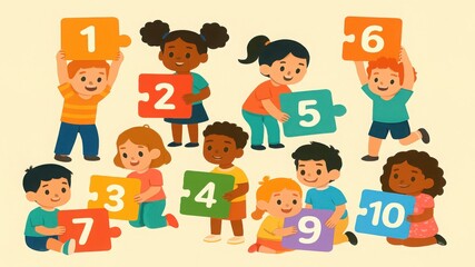 Group of diverse children holding colorful number puzzle pieces for early math learning and educational games concept illustration