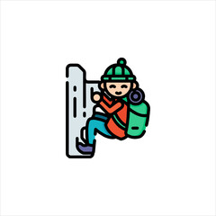 Smiling climber ascends artificial rock wall with backpack in indoor gym, showcasing determination and skill in a challenging sport.