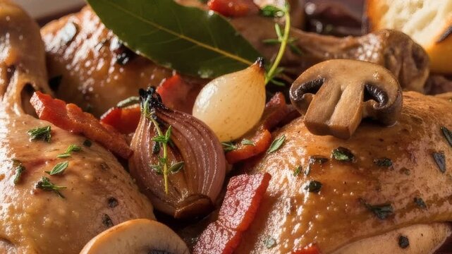 Close up of coq au vin with mushrooms onions and bacon garnish dish