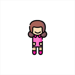 Cartoon girl standing in pink dress on white backdrop, simple and cute representation of childhood innocence.