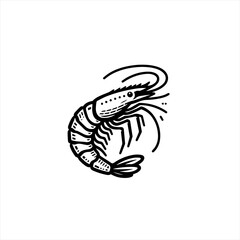 Stylized black and white line art illustration of a shrimp