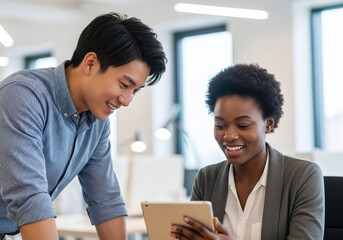 Excited diverse colleagues brainstorm ideas together using a tablet in a vibrant office, fostering collaboration and innovation for a successful business