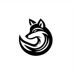 Stylized black fox head and tail logo design