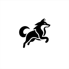 Stylized black fox in mid jump on white background